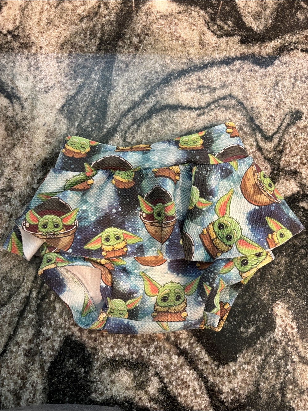 Baby Yoda Themed Ruffle Bloomers - Green on Space Blue